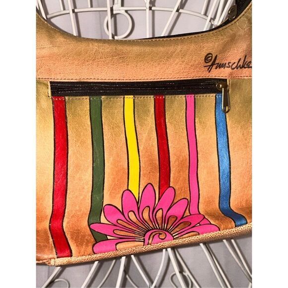 BEAUTIFUL UNIQUE GENUINE Leather Anuschka hand painted striped purse with floral - Picture 3 of 10